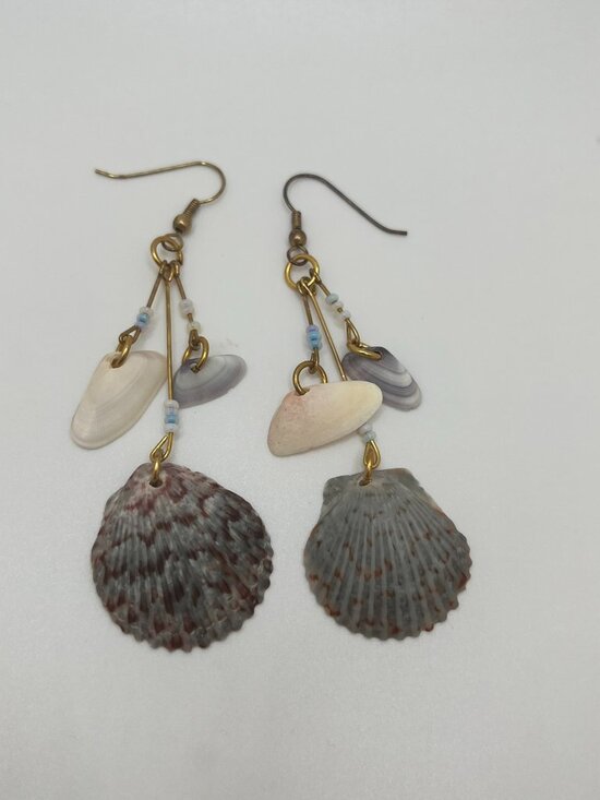 Handmade Jewelry - Seashell and Seed Bead earrings Handmade gold tones with blue